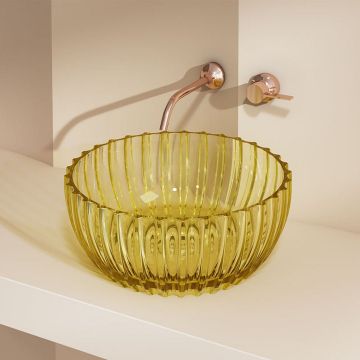 Lavoar de baie, pe blat, rotund, 400x400x160 mm, cu riflaje, din rasina, galben transparent, MonBlari