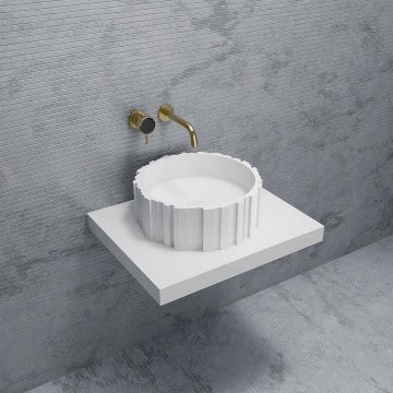Lavoar de baie pe blat, rotund, 45x45x16 cm, din compozit, alb mat, cu riflaje, MonBlari