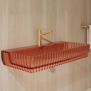Lavoar de baie, pe perete, 100 cm, dreptunghiular, cu colturi rotunjite, din rasina, roz transparent, MonBlari