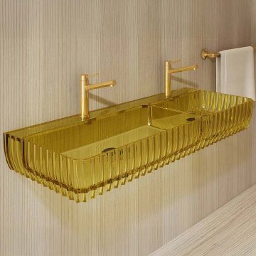 Lavoar de baie, pe perete, 120 cm, dreptunghiular, 2 cuve, din rasina, galben lucios, MonBlari