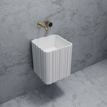 Lavoar de baie, pe perete, 42 cm, patrat, din compozit, alb mat, cu riflaje, MonBlari