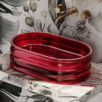 Lavoar pe blat, oval, din rasina, rosu transparent, 560x360x160 mm, cu riflaje, MonBlari