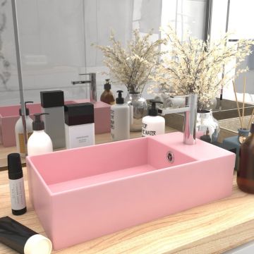 vidaXL Chiuvetă de baie cu preaplin, roz mat, ceramică