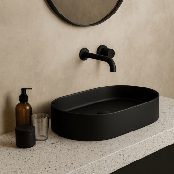 Lavoar baie, negru mat, montaj pe blat, 60 cm, cu ventil, Adelais Foglia