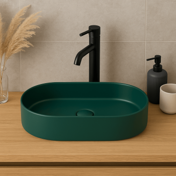 Lavoar baie, verde inchis mat, montaj pe blat, 60 cm, cu ventil, Adelais Foglia