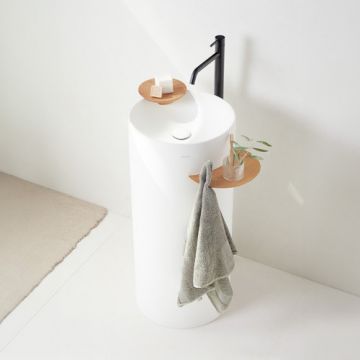 Lavoar freestanding Sanycces Circo Joy alb mat cu sapuniera si raft din lemn