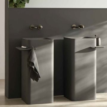 Lavoar freestanding Sanycces Cuadra Joy negru mat cu sapuniera si raft pe stanga