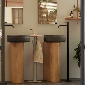 Lavoar freestanding Sanycces Duna piatra cu piedestal la perete din lemn