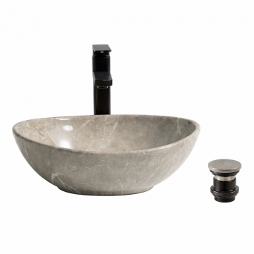 Lavoar Oval de Baie pe Blat BisDesign , Ceramica Gri Marmorat, Design Elegant, cu Ventil Ceramic Inclus - 345   265   120 mm