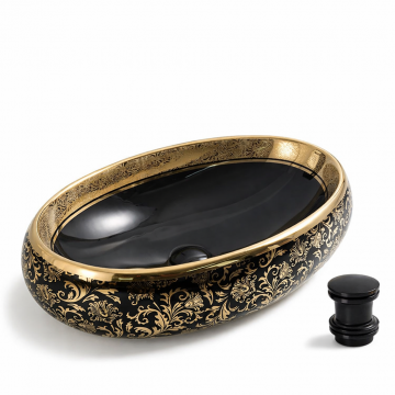 Lavoar Oval de Baie pe Blat BisDesign , Ceramica Negru cu Decor Auriu, Design Luxury, cu Ventil Ceramic Inclus - 590   410   160 mm