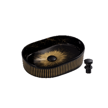 Lavoar Oval de Baie pe Blat BisDesign , Ceramica Negru Lucios cu Decor Auriu Artistic, Design Luxury Statement, cu Ventil Negru Inclus - 490   310