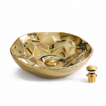 Lavoar Rotund de Baie pe Blat BisDesign , Ceramica Auriu Lucios, Design Luxury, cu Ventil Inclus - 405   405   120 mm