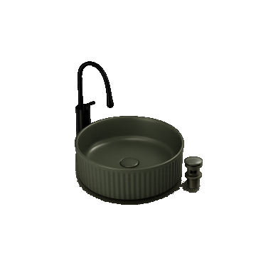 Lavoar Rotund de Baie pe Blat BisDesign , Ceramica Verde Olive Mat, Design Modern, cu Ventil Ceramic Inclus - 370   370   130 mm