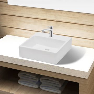 Chiuvetă de baie din ceramică cu orificiu pentru robinet, pătrat, alb