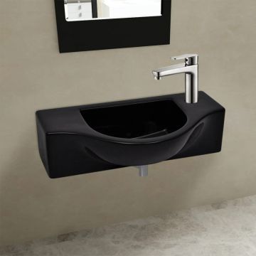Chiuvetă de baie din ceramică, gaură pentru robinet și preaplin, negru