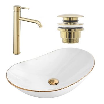 Set lavoar pe blat Rea Royal alb-auriu + baterie Lungo + ventil Click-Clack universal