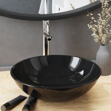 vidaXL Chiuvetă baie robinet și scurgere tip push, negru sticlă călită