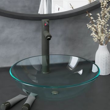 vidaXL Chiuvetă baie robinet și scurgere tip push, transparent sticlă vidaXL Chiuvetă baie robinet și scurgere tip push, transparent sticlă