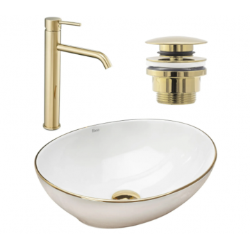Set lavoar Rea Sofia Alb Gold Edge cu baterie inalta Lungo Auriu si ventil Auriu